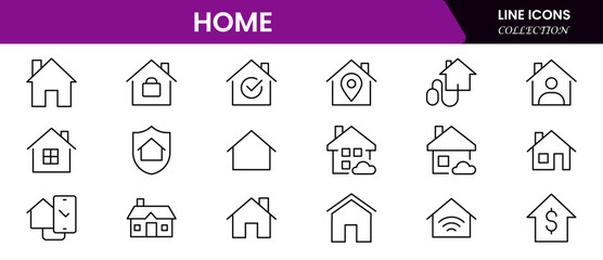 Cozy vector web line icons depicting home elements, decor, comfort, family living, and modern residential lifestyle essentials.