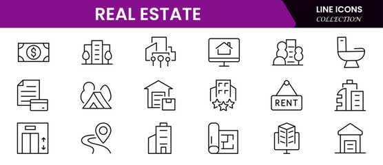 Modern vector web line icons showcasing real estate, properties, housing, mortgages, and architectural elements for home and investment.