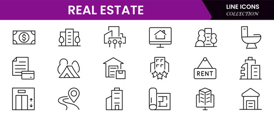 Modern vector web line icons showcasing real estate, properties, housing, mortgages, and architectural elements for home and investment.