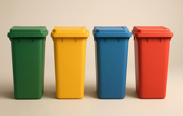 3D realistic illustration of four plain color trash bins without wheels, standing side by side on a flat neutral surface, colors: green, yellow, blue, red, no labels or icons, minimal and clean design