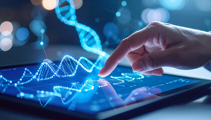Digital DNA Interface: A finger interacts with a tablet displaying a glowing, futuristic DNA strand, symbolizing innovation in genetic research and digital technology.