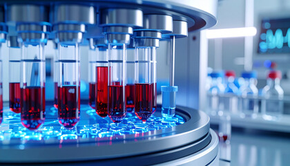 Scientific Precision: A meticulously detailed, high-angle shot of scientific equipment, a carousel holding transparent tubes filled with vibrant red liquid.