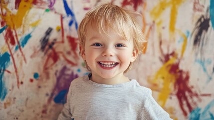 Cheerful young boy smiling in front of colorful painted wall