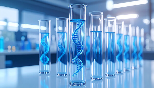 DNA Analysis: A cutting-edge scientific visualization showcasing a line of glass test tubes filled with a luminous, double-helix DNA strand, representing the core of biological research.