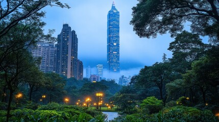 Fototapeta premium City park at twilight with tall building