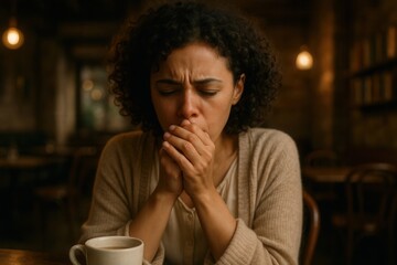 Coughing: A woman with curly hair is coughing while holding her hands to her mouth, sitting at a café with a cup