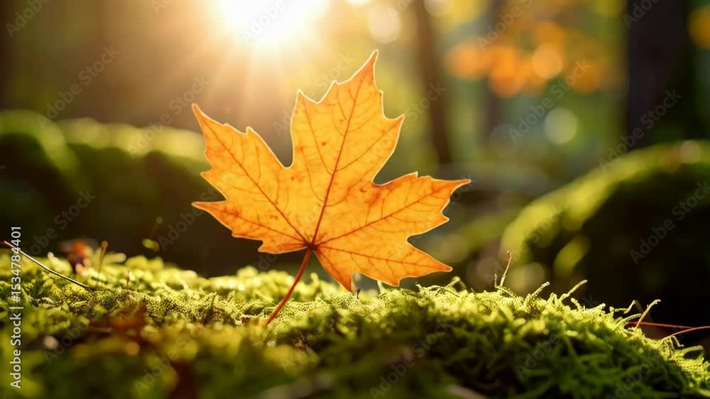 Poster single maple leaf on a mossy log with bright sunlight shining through the trees in an autumn forest