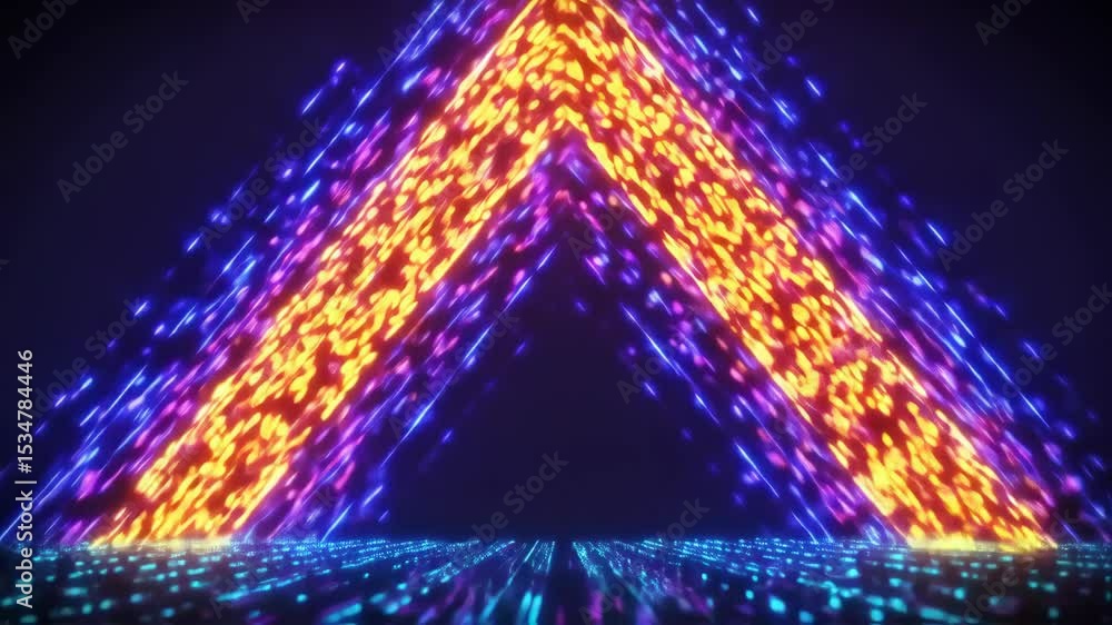 Poster futuristic triangular portal with vibrant blue and orange neon lights leading into an abstract digit