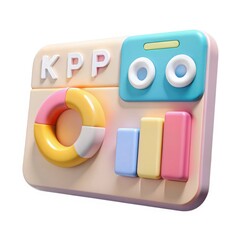 Colorful 3d render of key performance indicators dashboard with pie chart and bar graph