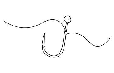 Fishing hook continuous one line drawing illustration. Hook fisherman's equipment icon. Continuous one line fishing hook icon concept.