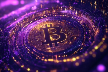 Fototapeta premium Digital bitcoin symbol surrounded by glowing circuit design.