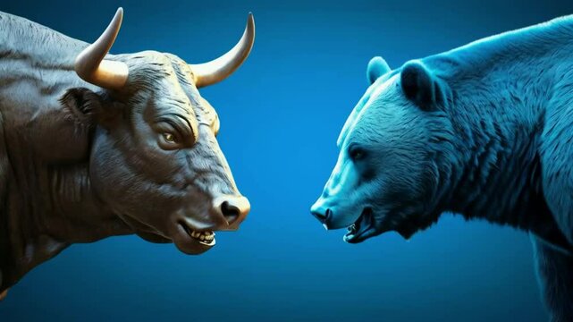 A bull versus a bear as business financial stock market concept blue tone background.