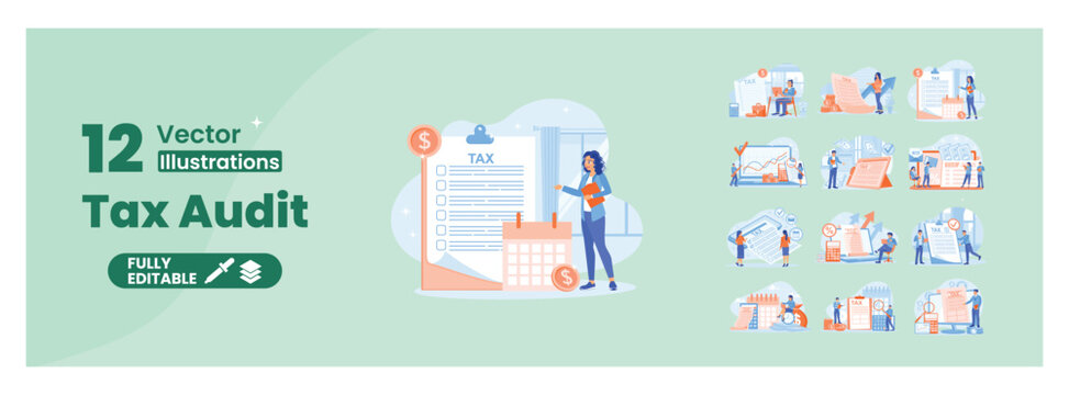 Collection of tax audit vector illustrations for business and finance concepts. Mega set.
