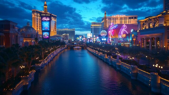 Las Vegas Strip at Night: Mesmerizing View of Hotels, Lights, and Water Canal