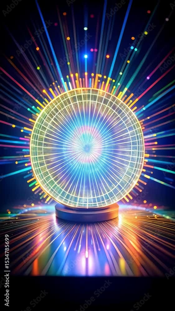 Poster glowing sphere emitting light rays of different colors on a reflective surface, digital rendering