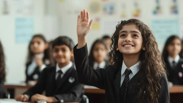 long shot, side view of a beautiful girl raising hand in a classroom, Indian, wearing school uniform with tie, curly hairs, fair skin, smiling, desk, students in background
