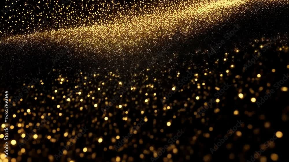 Poster flowing stream of glittering particles creating wavy shapes against dark backdrop in warm golden hue