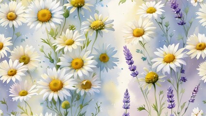 Seamless watercolor pattern of wild daisies, chamomile, and lavender flowers in soft pastel tones on a white background &ndash; delicate and airy composition