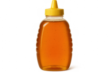 Golden honey in plastic bottle with yellow lid, transparently displayed for seamless graphic design placement and visual branding