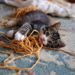 Playful Kitten Chewing on Yarn Amidst Colorful Background Texture
