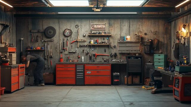 Man in well equipped workshop surrounded by tools and equipment at work
