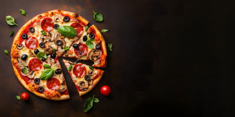 Round Pizza Background, Delicious pepperoni pizza with black olives on a Background