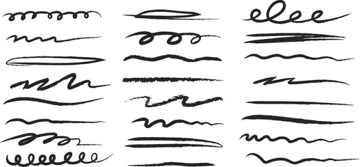 Hand drawn line brush doodle stroke, pen sketch vector texture. Crayon, chalk, pencil underline and grunge scribble shapes for emphasis, highlight, marker art, poster, or design.