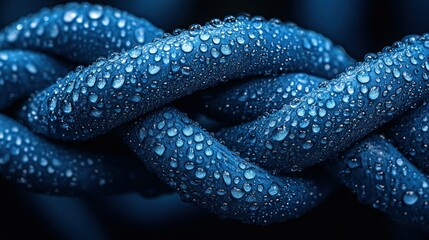 Close-up of a dark-blue braided cord covered in water droplets