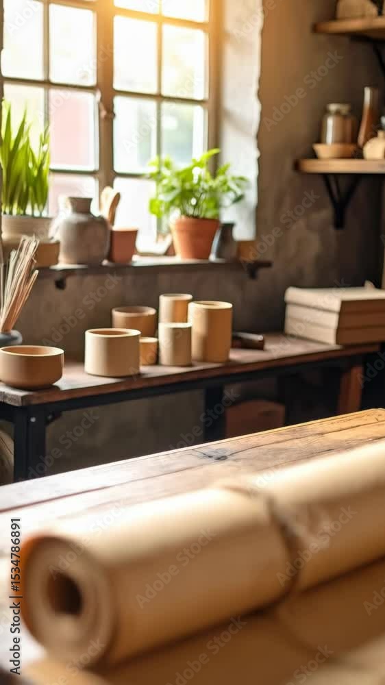 Poster Kraft paper roll tied with string on a wooden table in a bright room with plants and pottery visible in the background.