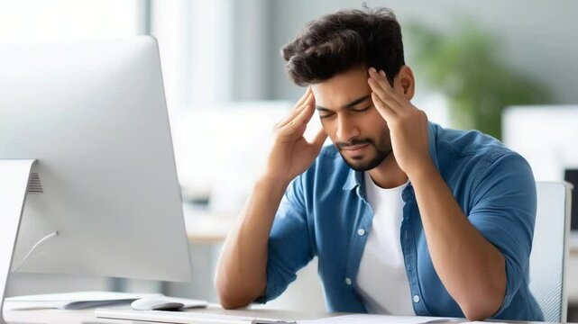 tired young Indian man sitting at a desk, computer and documents on his desk, feeling headache, bright natural light