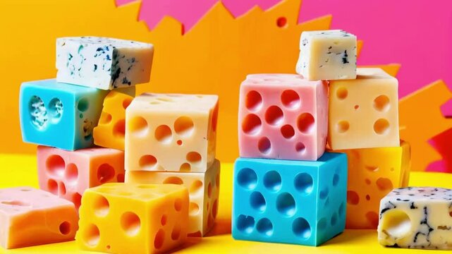 A Delightful Array of Colorful Cheese Blocks Set Against a Bright Vibrant Background.