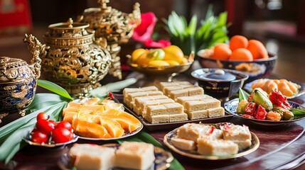 Fototapeta premium A variety of sweet treats and fruits displayed on a table.