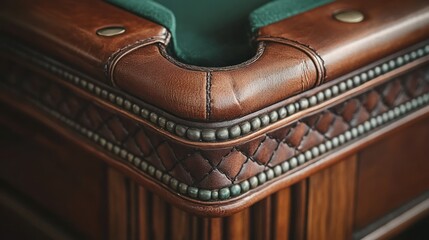 Close-up of a pool table corner, rich leather, and decorative trim