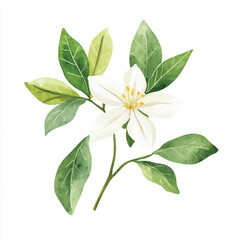 Fototapeta premium Delicate Watercolor Depiction of a White Flower and Green Leaves