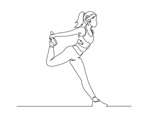 A Continuous Line Drawing Shows a Woman in a Standing Yoga Pose, Stretching Her Quadriceps. Minimalist and Elegant Vector Art.