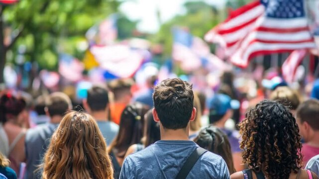Large Crowded Demonstration With American Flags