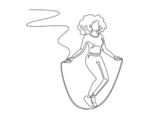 A Sleek Single Line Drawing of a Woman with Afro Hair Jumping Rope. Minimalist Vector Illustration of a Cardio Workout.