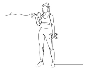 Continuous Line Drawing of a Woman Lifting Dumbbells. Strength Training, Gym Workout, Fitness Lifestyle. Minimalist Black and White Vector Illustration.