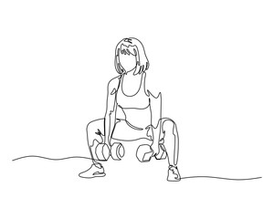 Continuous Line Drawing of a Woman Doing Squat Exercise with Dumbbells. Strength Training, Home Workout, Minimalist Fitness Illustration In Black and White.