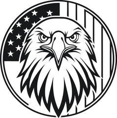 American bald eagle head in oval frame with usa flag