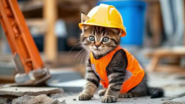 A kitten dressed as a builder at a construction site with safety helmet