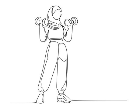 Continuous Line Drawing of a Muslim Woman in Hijab Lifting Dumbbells. Minimalist Fitness Illustration Promoting Health and Strength For Women in Modest Activewear