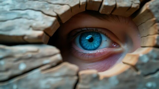Image is a close-up photograph focusing on a single blue eye peering through a jagged hole in a piece of weathered wood. The eye is strikingly vivid, with a bright blue iris and a clear reflection vis