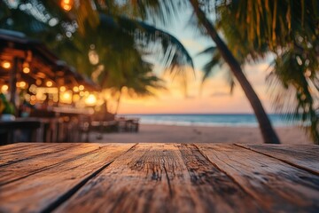 Wooden table top overlooking a beachside cafe at sunset.
