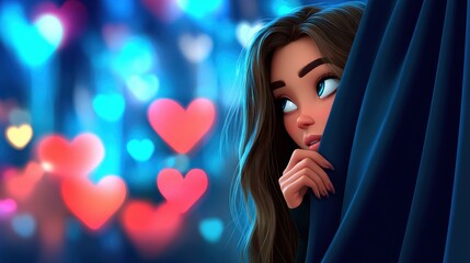 Girl peeking from curtain with colorful hearts in background enchanting digital art romantic atmosphere