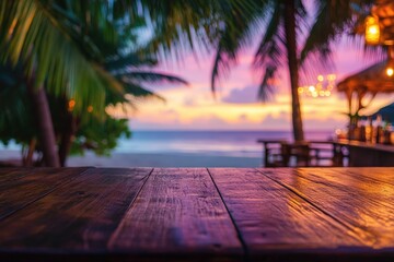 Wooden table surface at sunset beachside bar.