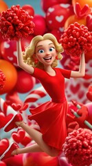 Cheerful cheerleader jumping amid colorful heart decorations indoor celebration digital art vibrant joyful concept