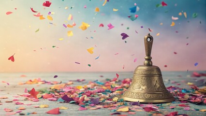 Golden Bell amidst Celebration Confetti Festive Background Pastel Colors Joyful Occasion