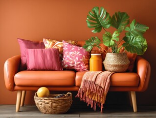 Cozy living room arrangement with plants and cushions modern home interior design warm ambiance close-up view comfort concept