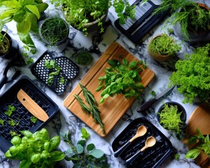 Harvesting fresh herbs kitchen counter food preparation bright environment overhead view culinary inspiration